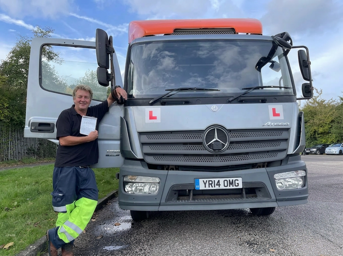 Newly qualified HGV driver in hi-vis vest
